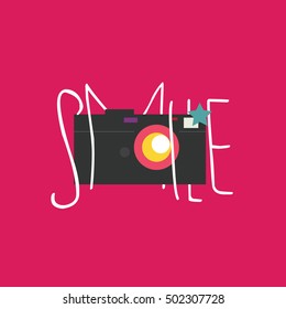 smile concept. world smile day. smile word wrapped around bright retro camera. vector illustration