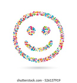 Smile of confetti. Happy face emotion. Celebration party particles. Festival or carnival decoration. Colorful random confetti pieces. Funny cute smile. Positive cartoon head. Vector