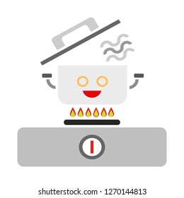 Smile Cooking Pot on Gas Stove with Flat Design isolated on White Background - Vector