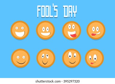 Smile Cracker Cookies Cartoon Faces Set Fool Day April Holiday Collection Flat Vector Illustration