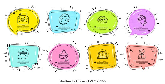 Smile, Creativity and Moisturizing cream signs. Speech bubbles with quotes. Settings gears, Shopping cart and Clapping hands line icons set. Copyrighter, Arena stadium symbols. Vector