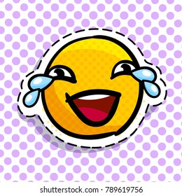 Smile crying with laughter on dots background. Happy smail in pop art style. Vector illustration.