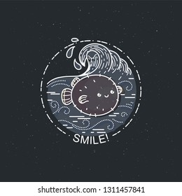 Smile. Cute balloonfish with wavy ocean. Nature exploration poster or label. Modern flat linear vector illustration