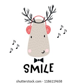 Smile - Cute deer with headphones and lettering. Hand drawn kids nursery poster in scandinavian style. Vector illustration.