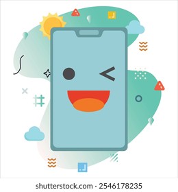 Smile Cute Emoji Expression on Smartphone Screen - Cheerful Digital Illustration with White Background and Abstract Shapes | Smile Cute emoji icon design on smartphone screen