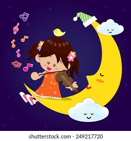 Smile cute girl play the music with violin on the sleeping moon and cloud at night