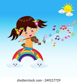 Smile cute girl play the music with violin on the blue sky background vector illustration