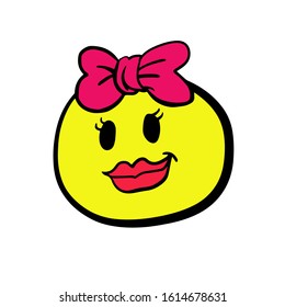 Smile cute happy girl emoticon with pink ribbon hand drawn vector
