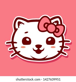 Smile cute head white cat with pink ribbon - Vector