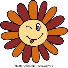 Smile Daisy in 70s 60s Retro Trippy Style  Smile Flower 1970 Icon  Seventies Groovy Flowers  Cartoon Character Hand Drawn Vector Illustration 