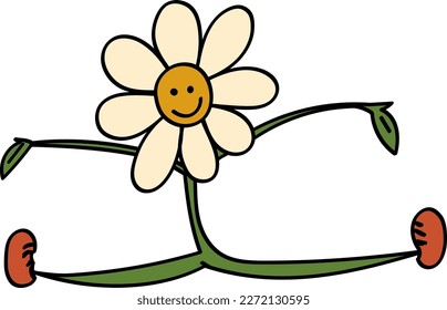 Smile Daisy in 70s 60s Retro Trippy Style  Smiling Flower Cross Twine  1970 Icon  Seventies Groovy Flowers  Cartoon Character Hand Drawn Vector Illustration 
