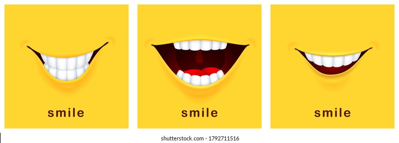 Smile day cards. Happy smiles, positive mood. Yellow laughter banners, funny smiling design. Success thinking or greetings mouth templates vector symbols