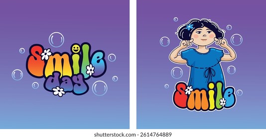 a smile day sticker and a postcard for a children's holiday