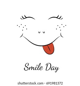 Smile day symbol element. Cartoon character smiley face with red sticky tongue, nose, freckles and wink eyes. Black line drawing isolated on white background. Vector design illustration.