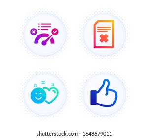 Smile, Delete file and Correct answer icons simple set. Button with halftone dots. Like sign. Social media like, Remove document, Approved. Thumbs up. Technology set. Gradient flat smile icon. Vector