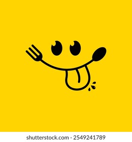Sonríe delicioso icono de logotipo de cuchara y tenedor. Sonriente comida linda del emoticono y restaurante. 