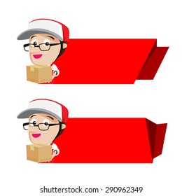 Smile delivery holding box packing with red banner, vector illustration eps10