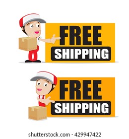 Smile delivery man handling the box and package delivery cartoon with text sign free shipping vector illustration eps10