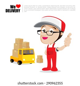 Smile delivery man thumb up on truck , and package delivery cartoon vector illustration eps10