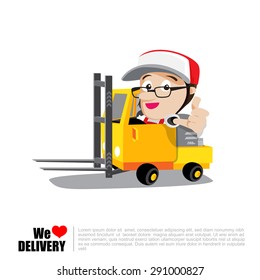 Smile delivery man thumb up on forklift truck , and package delivery cartoon vector illustration eps10