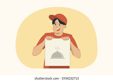 Smile delivery young man hold craft paper packet with food concept