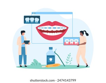 Smile with dental braces, orthodontic treatment in clinic. Tiny people work with xray of jaw to recommend brackets, dentists with equipment check health of mouth and teeth cartoon vector illustration