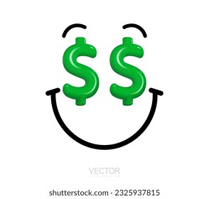 Smile and dollar sign instead of eyes. Happy face. Money face green dollars. 3D stylized vector icon. Illustration