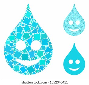 Smile drop composition of irregular parts in variable sizes and color hues, based on smile drop icon. Vector joggly parts are composed into collage. Smile drop icons collage with dotted pattern.