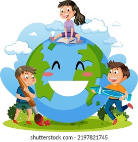 Smile earth globe with cartoon character illustration