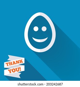 Smile Easter egg face sign icon. Happy smiley chat symbol. White flat icon with long shadow. Paper ribbon label with Thank you text. Vector