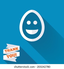 Smile Easter egg face sign icon. Happy smiley chat symbol. White flat icon with long shadow. Paper ribbon label with Thank you text. Vector