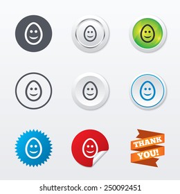 Smile Easter egg face sign icon. Happy smiley chat symbol. Circle concept buttons. Metal edging. Star and label sticker. Vector