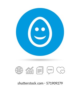 Smile Easter egg face sign icon. Happy smiley chat symbol. Copy files, chat speech bubble and chart web icons. Vector