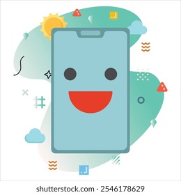 Smile Elated Expressão Emoji na tela do smartphone - Ilustração digital alegre com fundo branco e formas abstratas | Sorriso Elated emoji ícone design na tela do smartphone