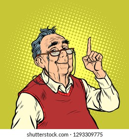 smile elderly man with glasses attention gesture index finger up. Pop art retro vector illustration vintage kitsch