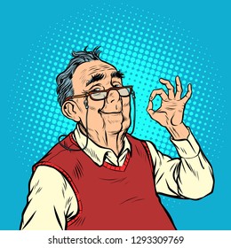 smile elderly man with glasses okay gesture. Pop art retro vector illustration vintage kitsch