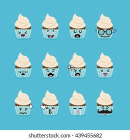 Smile emoji emoticon face in cupcake with a lot of variation