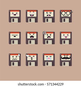 Smile emoji emoticon face in floppy disk with a lot of variation
