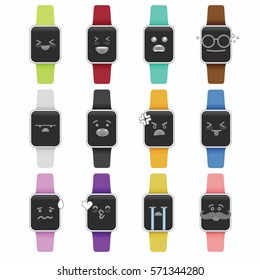 Smile emoji emoticon face in smart watch with a lot of variation