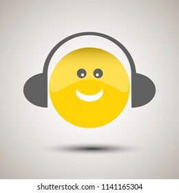 Smile emoji enjoy and listening to music via headphones with glasses isolated flat vector icon 