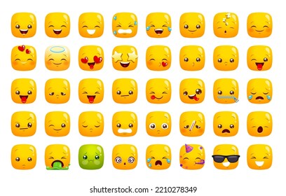 Smile Emoji And Expression Icons Of Emoticon Faces, Vector Happy, Sad And Angry Set. Funny Emoji Or Cute Kawaii Square Smiles With Laugh Or Love Emotions, Message Chat Expression Emoticons Pack