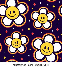 Smile emoji face flower seamless pattern background art.Vector 70s cartoon smiley illustration.Hippie smile face,chamomile flower,hippy,60s,70s,groovy fashion seamless pattern print concept wallpaper