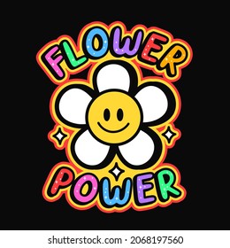 Smile emoji face,flower boho t-shirt print art design.Flower power slogan.Vector trendy cartoon logo illustration.Hippie smile emoji face,60s,70s,groovy smiley fashion print for t-shirt,poster concept