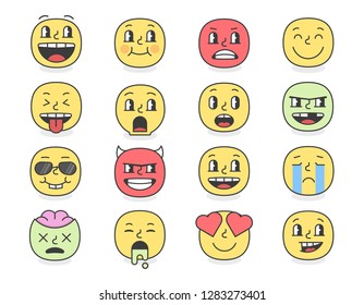 Smile emoji faces yellow trendy flat pack. Vector illustration design elements