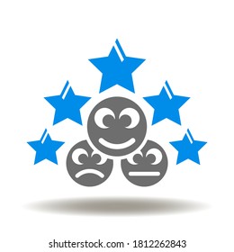 
Smile emoji with five stars icon vector. Feedback or assessment web symbol. Client satisfaction level logo. User experience illustration.