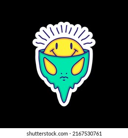 Smile emoji inside alien head, illustration for t-shirt, sticker, or apparel merchandise. With doodle, retro, and cartoon style.