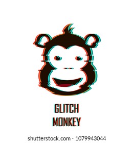 Smile emoji monkey. Vector illustration with TV glitch effect.