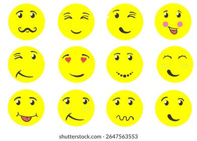 Smile emoji vector. Cute yellow emoticon faces with funny expressions. Cartoon character set showing joy, laugh, sad and happy emotions. Flat icon design for chat, customer feedback and business conce