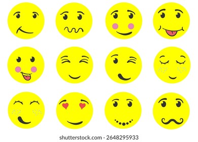 Smile emoji vector. Cute yellow emoticon faces with funny expressions. Cartoon character set showing joy, laugh, sad and happy emotions. Flat icon design for chat, customer feedback and business conce