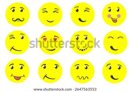Smile emoji vector. Cute yellow emoticon faces with funny expressions. Cartoon character set showing joy, laugh, sad and happy emotions. Flat icon design for chat, customer feedback and business conce